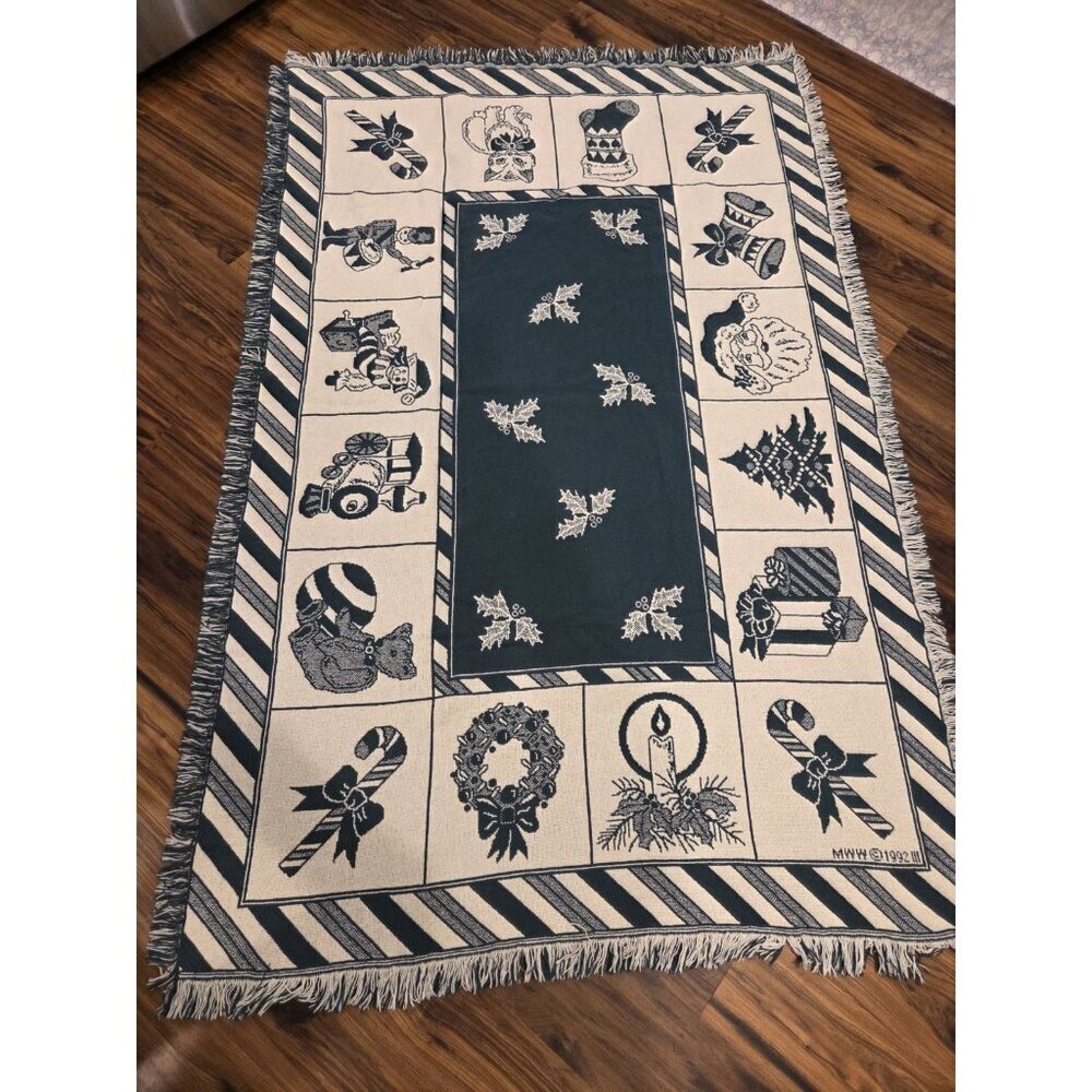 Vtg Christmas Woven Tapestry Throw Blanket With Fringes Reversible 47x71